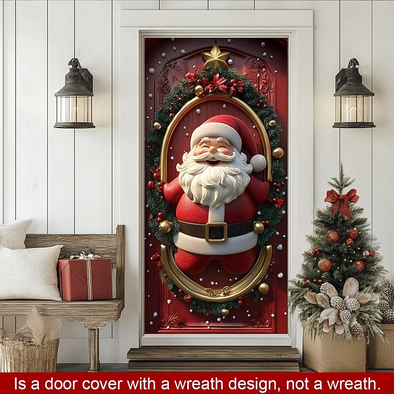 Christmas Door Decorations Door Covers Wreath Xmas Santa Jingle Bell Door Tapestry Door Curtain Decoration Backdrop Indoor/Outdoor Door Banner for Front Door Farmhouse3