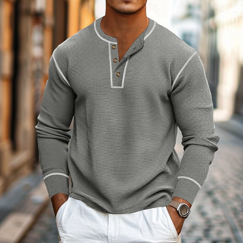 Men's Waffle Tee T shirt Waffle Henley Shirt Tee Top Long Sleeve Shirt Solid Color Henley Outdoor Street Long Sleeve Buttons Color Block Clothing Apparel Daily Casual Street Style4