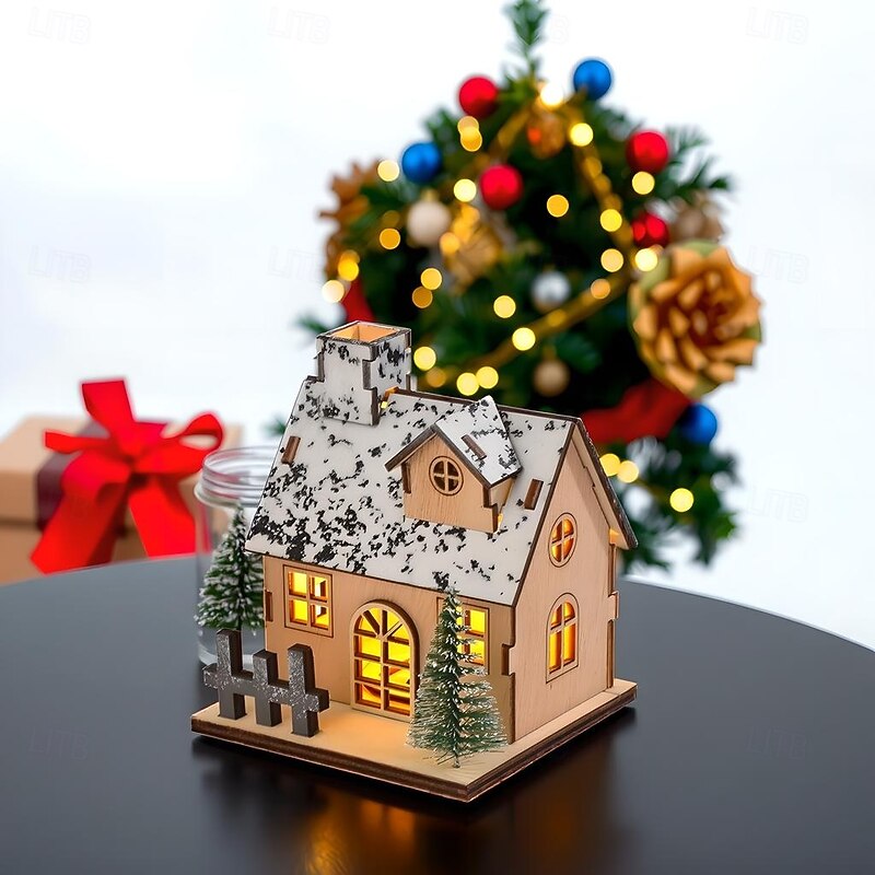 Christmas Wooden House Ornament Light, LED Desktop Decoration Christmas Holiday Table Decorations3