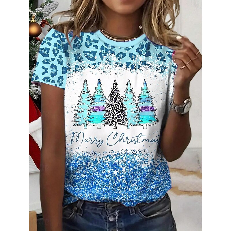 Women's T-shirt Festive Holiday Top Pink Trees Leopard Glitter Merry Casual Round Neck Short Sleeve Comfort Fit Winter Wear Multisize3