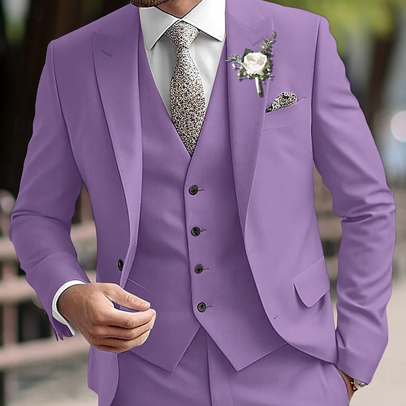 Men's Wedding Party Suits Pink Purple Fashion Business Solid Colored Standard Fit 3 Piece Single Breasted Two-buttons4