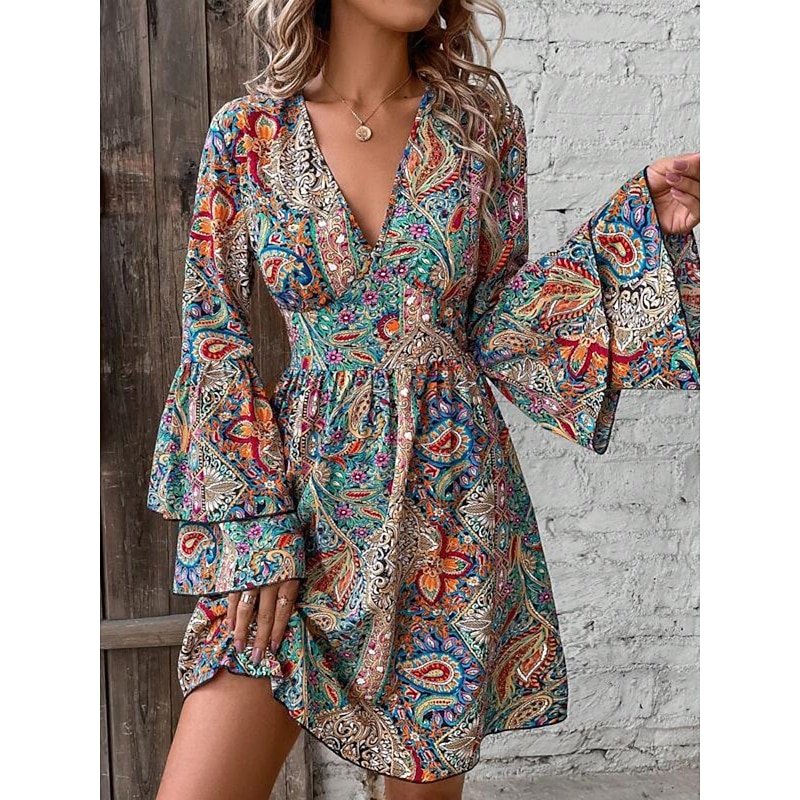 Women's Mini Dress Petite Dress Casual Dress Swing Dress A Line Dress Boho Dress Bohemia Vintage Casual Daily Regular Fit Floral Paisley Long Sleeve V Neck Red Blue Rainbow Summer Spring Fall