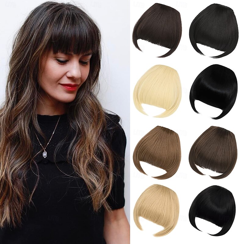 Bangs Hair Clip in Hair Extensions Flat Front Face Fringe Bangs with Temples Dark Brown Synthetic Hair Pieces for Women Thick Hair