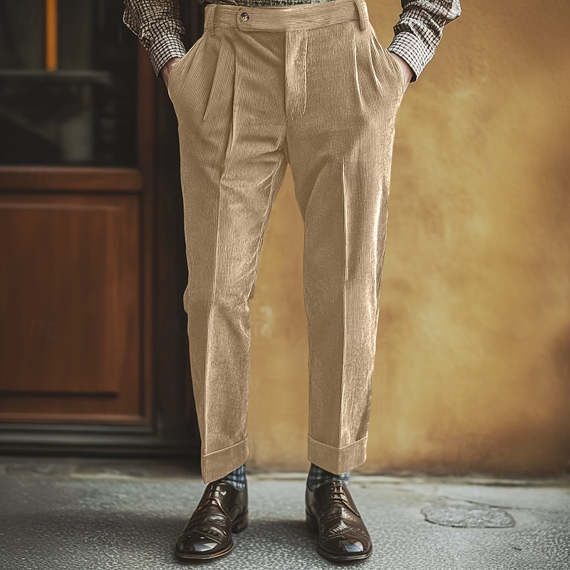 Men's Dress Pants Corduroy Pants Trousers Pleated Pants Gurkha Pants Pocket Plain Comfort Soft Full Length Party Business Daily Fashion Streetwear Light Khaki Black2