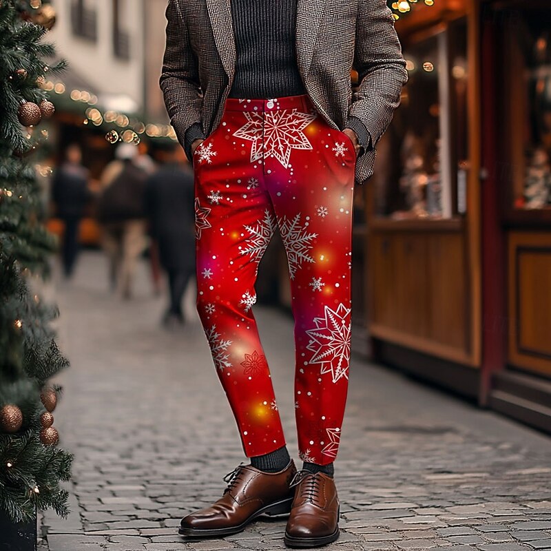 Christmas Men's Snowflake Dress Pants Mid Waist Fashion Casual Outdoor Party Dailywear Zipper Pocket Summer Spring Fall 3D Print Red White4