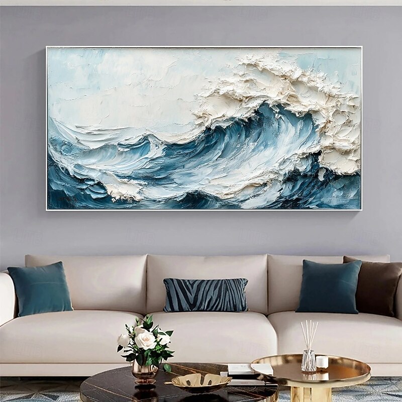 3D Framed Ocean Wave Oil Painting hand painted Blue Ocean Oil Painting  On Canvas handmade Abstract Nature Blue Sea Textured painting Wall Art Minimalist Large Wall Art painting for Living Room Decora