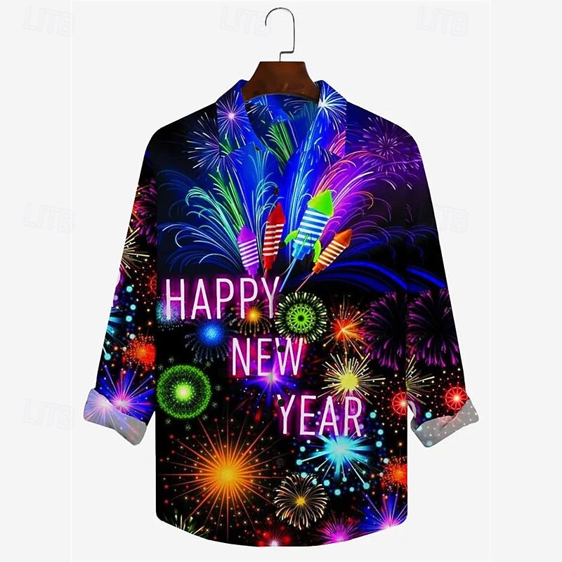 New Year Men's Letter Shirt Long Sleeve Casual Daily Wear Going out Fall & Winter Turndown Print Button-Down Yellow Red Blue Purple Rainbow3