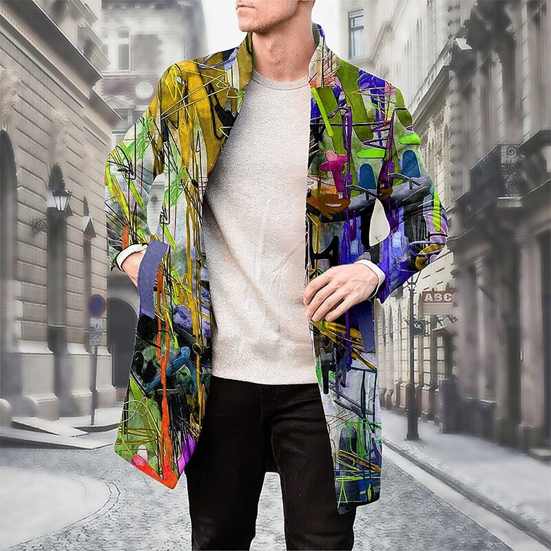 Men's Oil Painting Winter Coat Fleece Jacket Overcoat Thermal Comfortable Artistic Casual Party Daily Wear 3D Print Buttons Front Pocket Winter Turndown Long Sleeve Yellow Blue Purple4