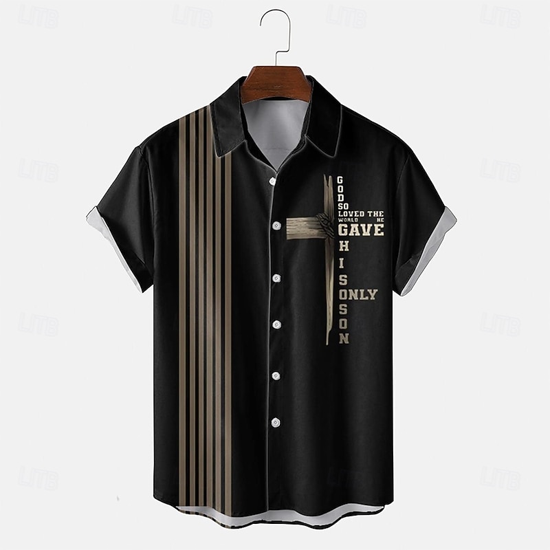 Men's Text / Number Cross Bowling Shirt Button Up Shirt Short Sleeve Casual Gift Casual Spring Fall Turndown Button Up Black