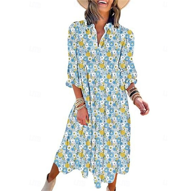 Women's Floral Split Neck Midi Dress Long Sleeve Summer Spring2