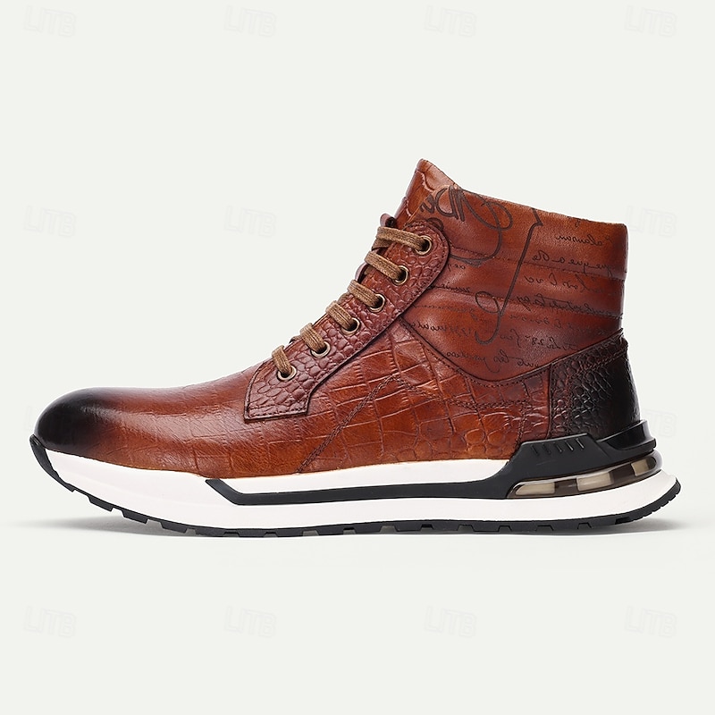 Men's Brown Leather Sneaker Boots with Crocodile Texture and Script Embossing – Premium Cowhide Casual High-Top Footwear with Sporty Sole4