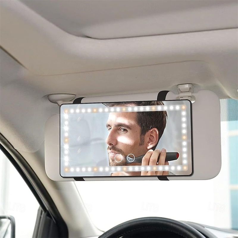Car Sun Visor Vanity Mirror Rechargeable Makeup Mirror with 3 Light Modes & 60 LED Dimmable Clip-on Rear View Sun-Shading Cosmetic Mirror