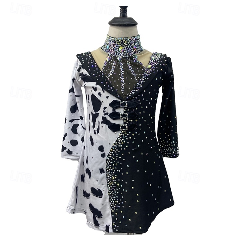 Figure Skating Dress Women's Girls' Ice Skating Dress Black White Patchwork Thumbhole Mesh Spandex Stretchy Training Practice Professional Skating Wear Thermal Warm Crystal / Rhinestone Long Sleeve