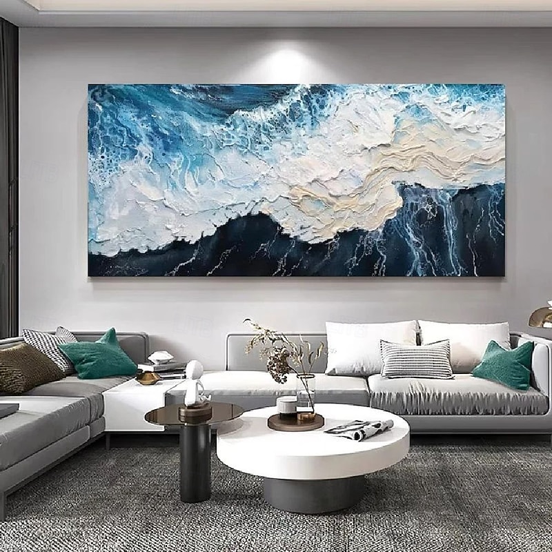 Large Sea Canvas Oil Painting Handmade Blue Sea Landscape Abstract White Wave Painting Textured Sea Painting christmas Gift for Living Room Decor  Beach Painting Textured Wall Art Ocean Wave Painting4
