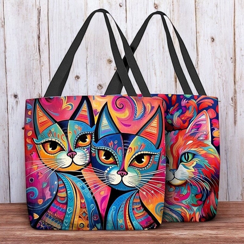 Women's Colorful Cat Art Tote Bag - Vibrant and Stylish Eco-Friendly Shoulder Bag for Everyday Use