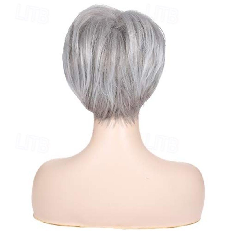 Short Grey Wigs for White Women Short Cut Layer Sliver Gray Wigs with Bangs Synthetic Hair Replacement Wigs2