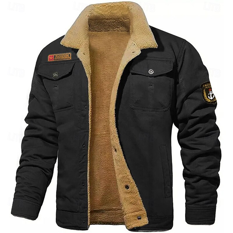 Men's Embroidered Fleece Jacket Cargo Jacket Turndown Collar Long Sleeve Military Tactical Jacket Vintage Thermal Warm Winter Outwear Multiple Pockets Button Front Cotton Coat Black khaki Army Green3