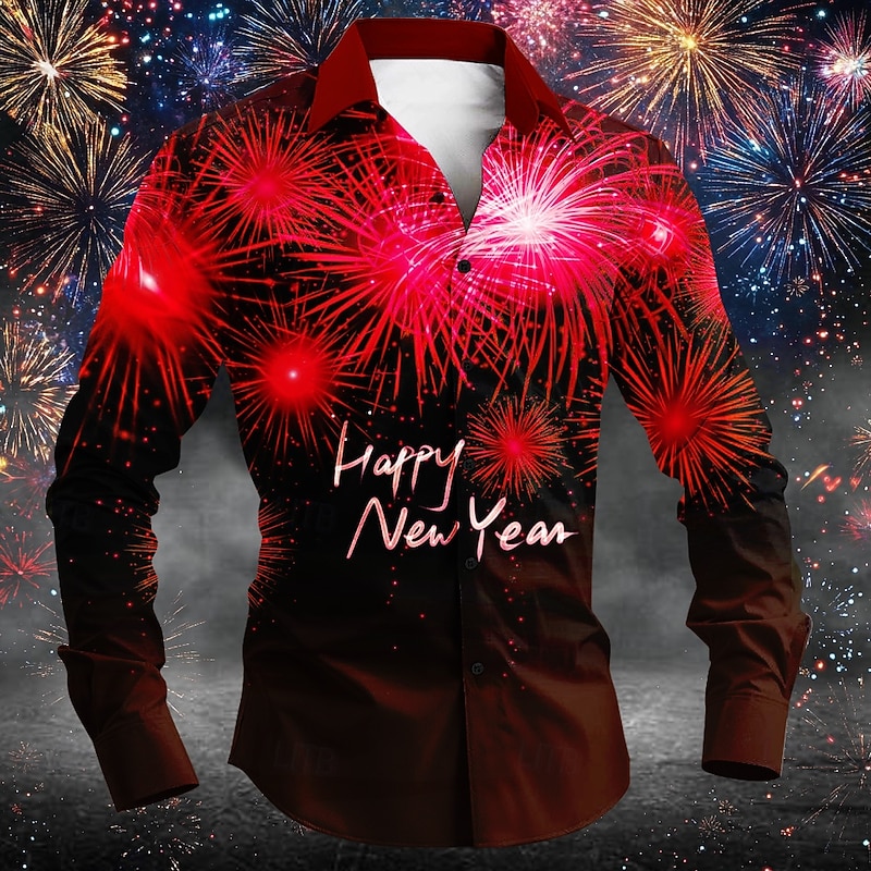 New Year Men's Letter & Number Shirt Long Sleeve Casual Party Daily Spring Fall Winter Turndown Pocket Red Blue Purple Green4