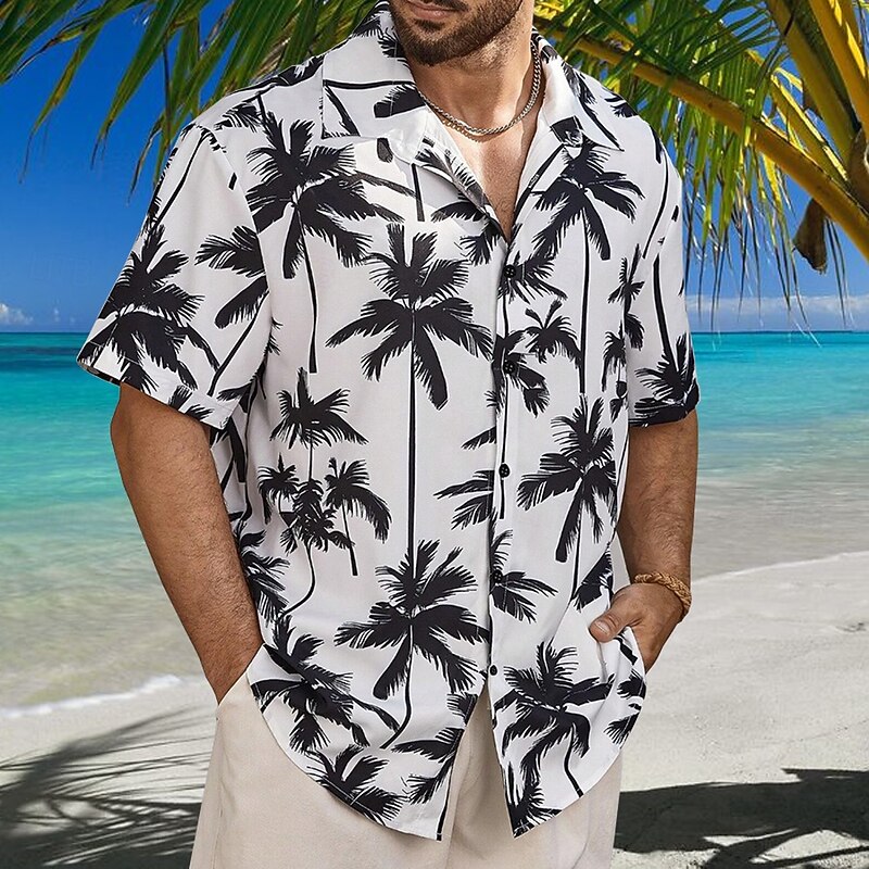Men's Tree Casual Shirt Summer Hawaiian Shirt Aloha Shirt Short Sleeve Resort Outdoor Casual Summer Spring Turndown Button Up Black2