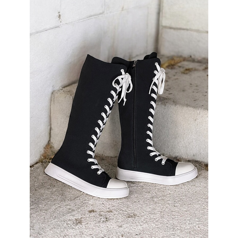 Women's Black Canvas Knee-High Lace-Up Boots with White Sole – Retro-Style Casual Footwear for Everyday Wear and Street Fashion2