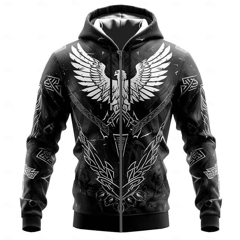 Men's Viking Warrior Viking Hoodies Fashion Cool Long Sleeve Hooded Vacation Going out Streetwear Black Drawstring Zipper Fall Winter Designer