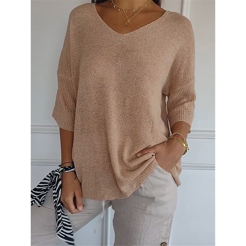 Women's Sweater Casual Soft Pure Color Ribbed V Neck Knitted 3/4 Length Sleeve Regular Tops Knit Outdoor Daily Weekend Blue Green Fall3