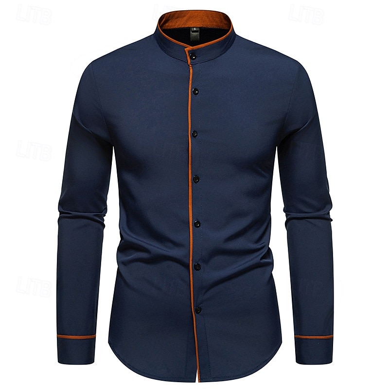 Men's Shirt Chinese Collar Shirt Mandarin Collar Shirt Dress Shirt Button Up Shirt Color Block Wedding Daily Black White Dark Navy Army Green Long Sleeve Grandad Collar Spring &  Fall Clothing Apparel