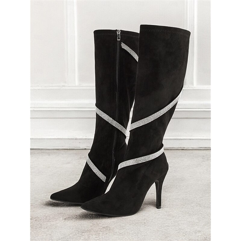 Women's Black Suede Knee-High Stiletto Boots with Rhinestone Wrap – Elegant High Heel Boots for Evening Events and Parties2
