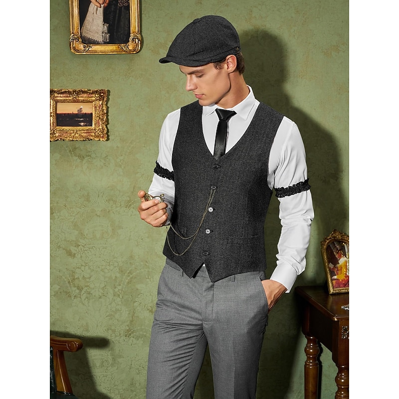 Retro Vintage Roaring 20s 1920s Outfits Waistcoat Accessories Set Gentleman Gangster Fancy Dress Men's Carnival Costume 8 PCS Christmas Halloween Carnival Masquerade Cocktail Party Theme Party Adults'4