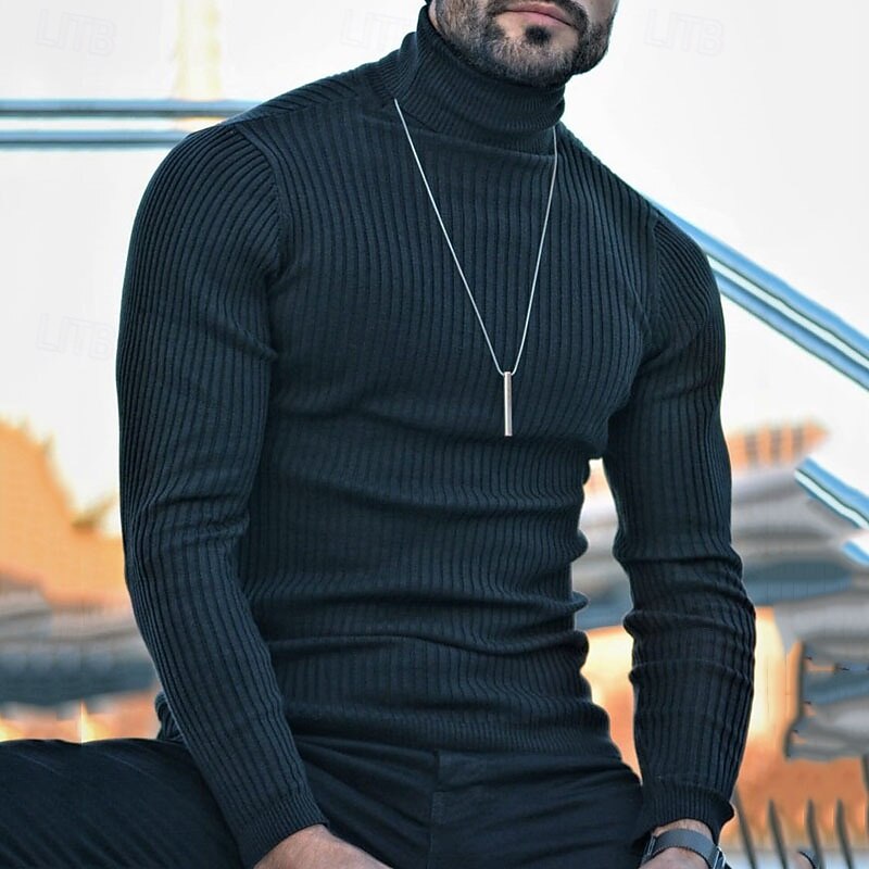Men's Sweater Pullover Sweater Jumper Ribbed Knit Regular Knitted Slim Fit Plain Turtleneck Modern Contemporary Work Daily Wear Clothing Apparel Winter Spring &  Fall Black S M L