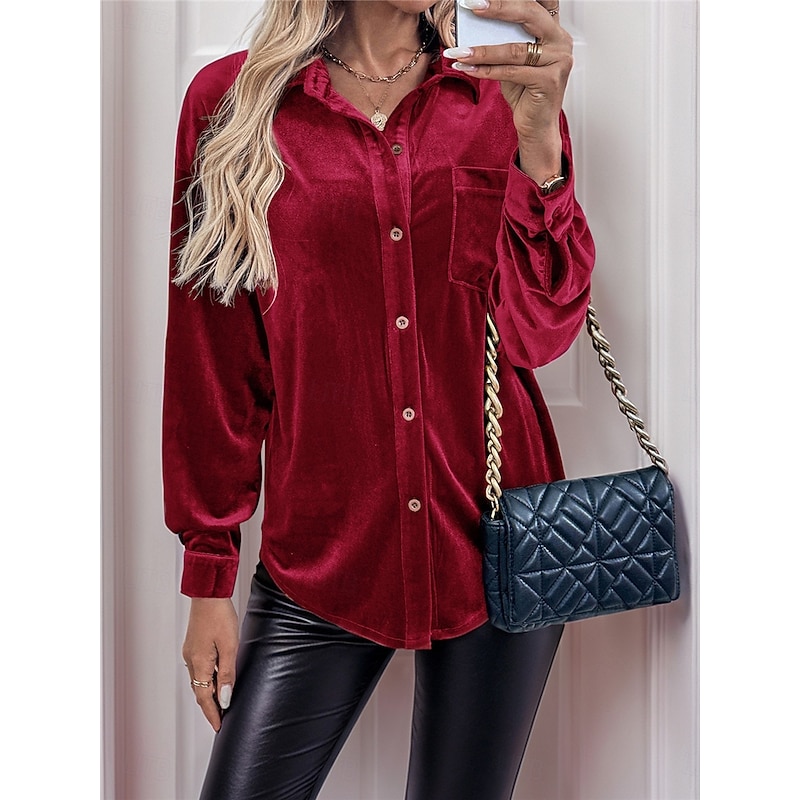 Women's Shirt Blouse Solid Color Basic Casual Long Sleeve V Neck Regular Tops Daily Patchwork Buttons Pocket Wine Brown Green Fall Winter