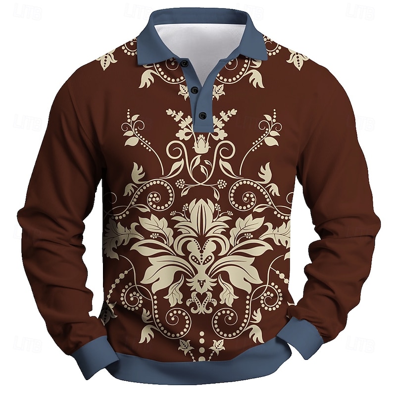 Men's Floral Polo Shirts Golf Shirt Long Sleeve Polo Shirts Collared Shirts Vintage Casual Festival Wear Party Outfits 3D Print Buttons Spring Fall Winter Maroon