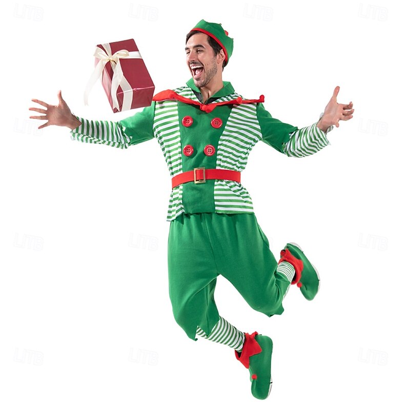 Elf Outfits Men's Christmas Cosplay Costume Adults Christmas New Year Christmas Eve Christmas Top Pants Shoes Hat3