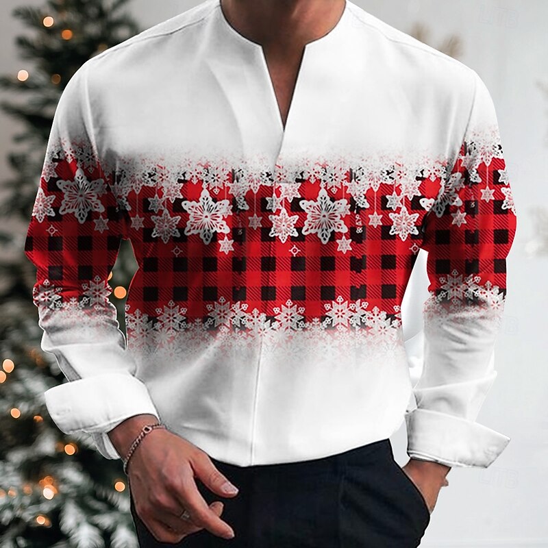Christmas Men's Tartan Snowflake Shirt Long Sleeve Casual Party Daily Festival Summer Spring Fall V Neck Print Dark Red White Red Blue Green