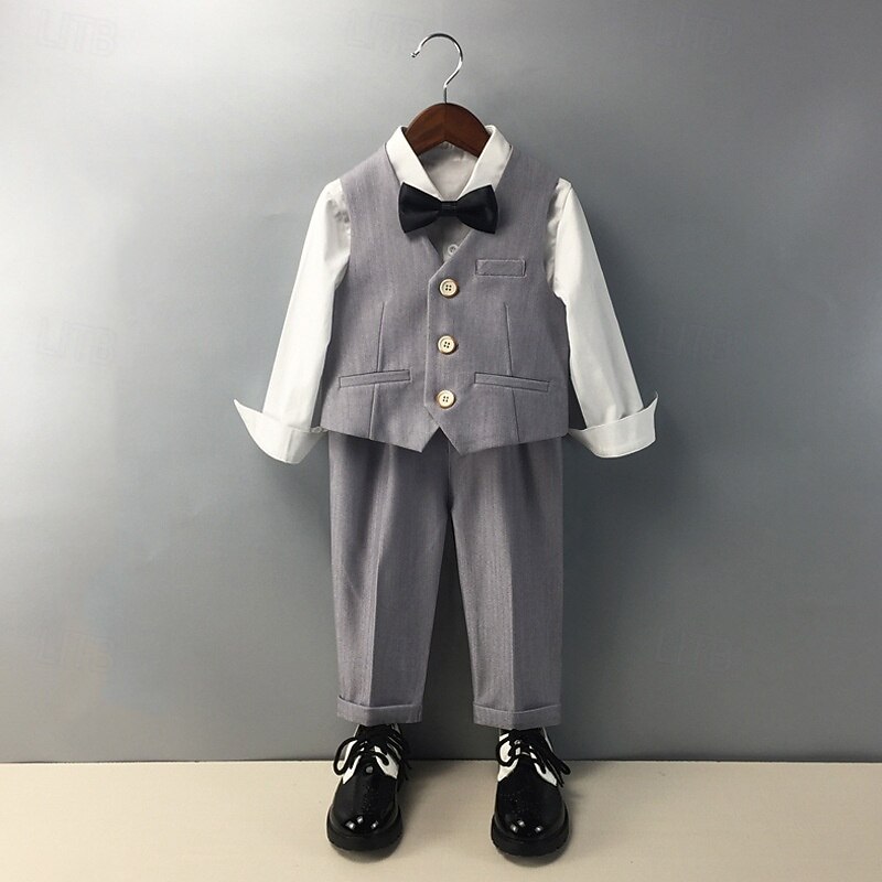 4 Pieces Ring Bearer Suit Boys Kids Suit Formal Suit Vest & Pants Formal Party Valentines Fashion Cool Solid Color Pocket Beige Gray Polyester
