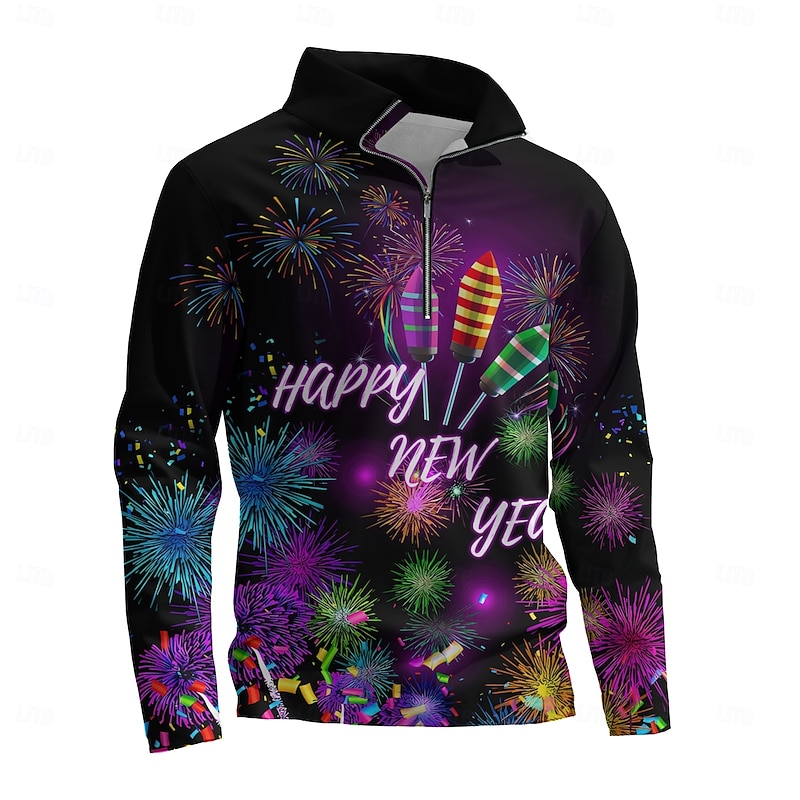 New Year Men's Graphic Happy New Year Hoodies Daily Casual Long Sleeve Stand Collar Vacation Going out Streetwear Black Print Spring &  Fall Designer4