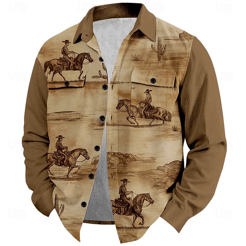 Men's Cowboy Corduroy Shirt Shirt Jacket Overshirt Long Sleeve Vintage Western Outdoor Sports & Outdoor Dailywear Fall & Winter Turndown Collared Shirts 3D Print Buttons 2 Pockets 1pc Army Green Blue