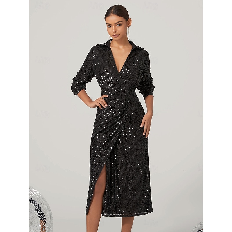 Women's Knee Length Dress Black Dress Sequin Dress Elegant Stylish Bishop Sleeve Cocktail Party Regular Fit Plain Long Sleeve V Neck Shirt Collar Black Fall Winter
