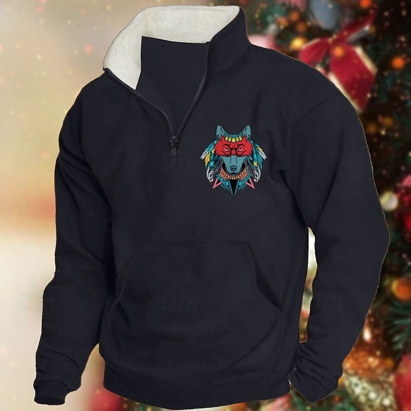 Men's Sweatshirt Pullover Hoodie Sweatshirt Quarter Zip Sweatshirt Black Army Green Red Navy Blue Khaki Half Zip Graphic Print Print Quarter Zip Christmas Daily Holiday Other Prints Polyester2