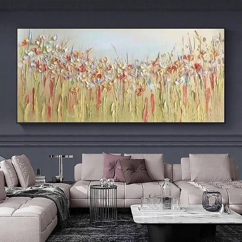 Hand painted Abstract flower Oil Painting On Canvas Golden Leaf Modern Oil Painting Hand Painted Wildflower Field Oil Painting Landscape Wall Art floral painting Large Wall Art For Home Decor