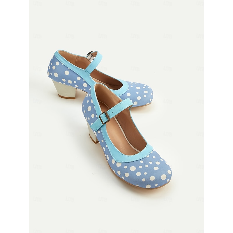 Women's Blue Polka Dot Mary Jane Heels – Retro Mid Heel Shoes with Buckle Strap for Vintage-Inspired Outfits and Dance Parties4