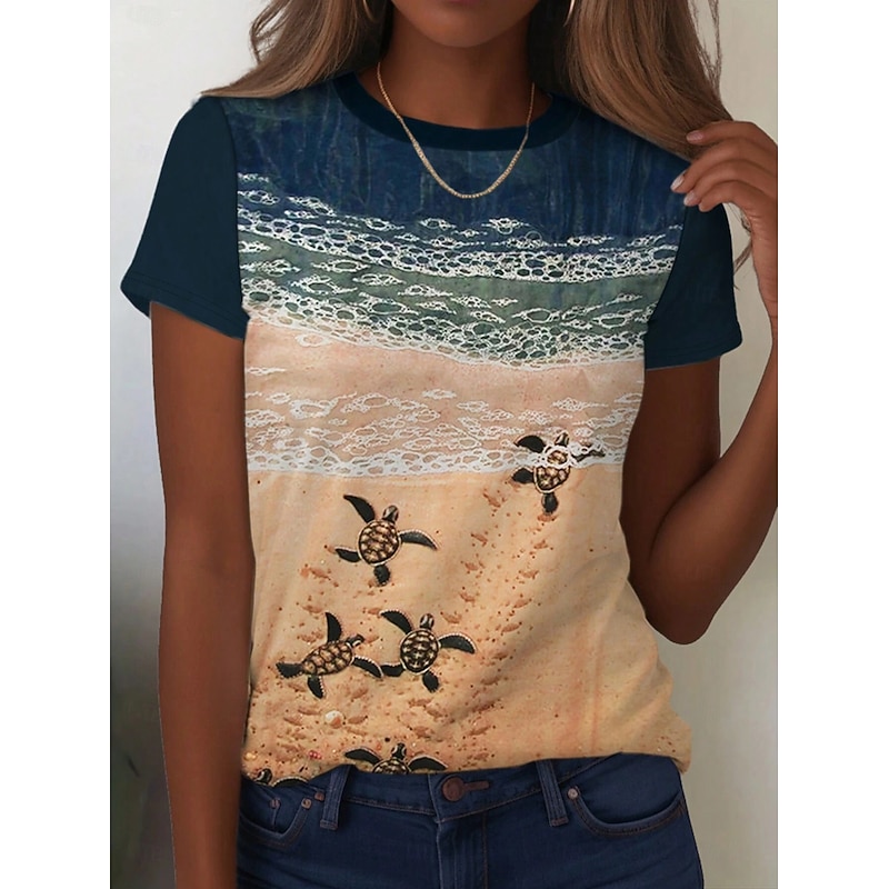 Women's T Shirt Ocean Casual Short Sleeve Round Neck Regular Tops Daily Print Blue Summer Spring3