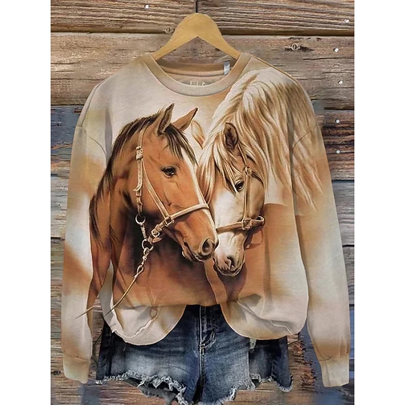 Women's Pullover Casual Animal Dailywear Casual Crew Neck Print Long Sleeve Khaki Fall Winter