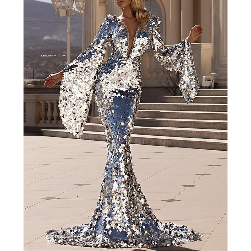 Mermaid / Trumpet Evening Gown Party Dress Wedding Wedding Guest Court Train Long Sleeve V Neck Sequined with Glitter