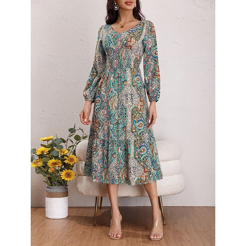 Women's Midi Dress Casual Dress Swing Dress A Line Dress Boho Dress Bohemia Vintage Casual Vacation Daily Regular Fit Paisley Long Sleeve Crew Neck Rainbow Summer Spring Fall