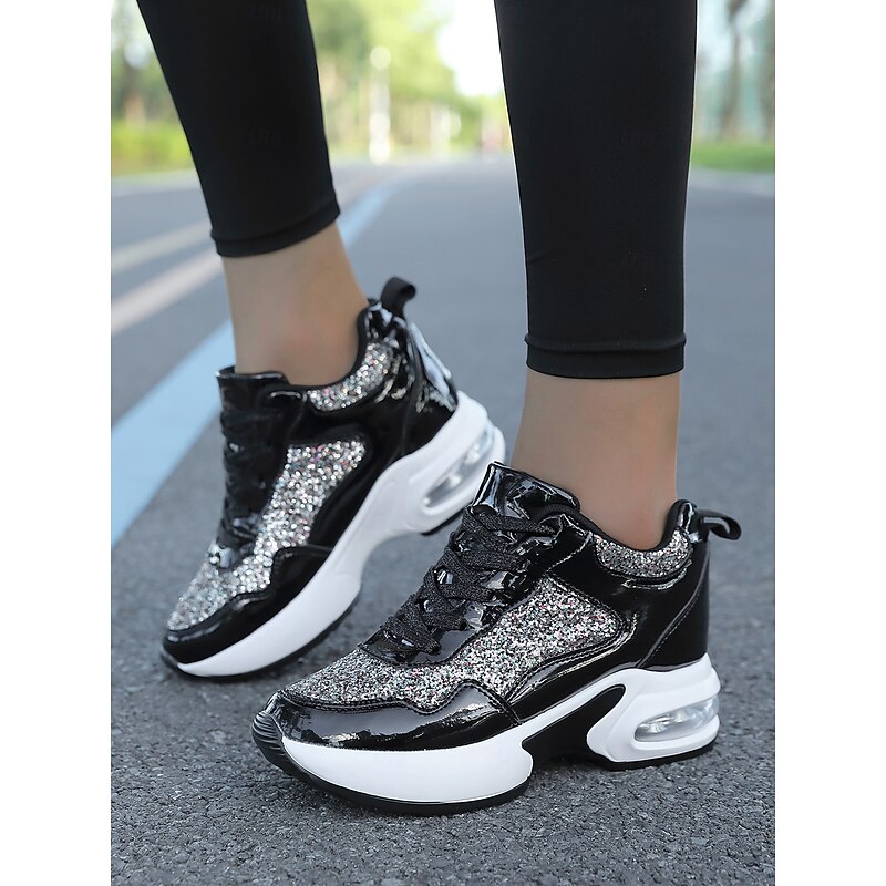 Women's Glitter Platform Sneakers with Air Cushion Sole – Sparkling Black Lace-Up Athletic Shoes for Casual and Party Wear2