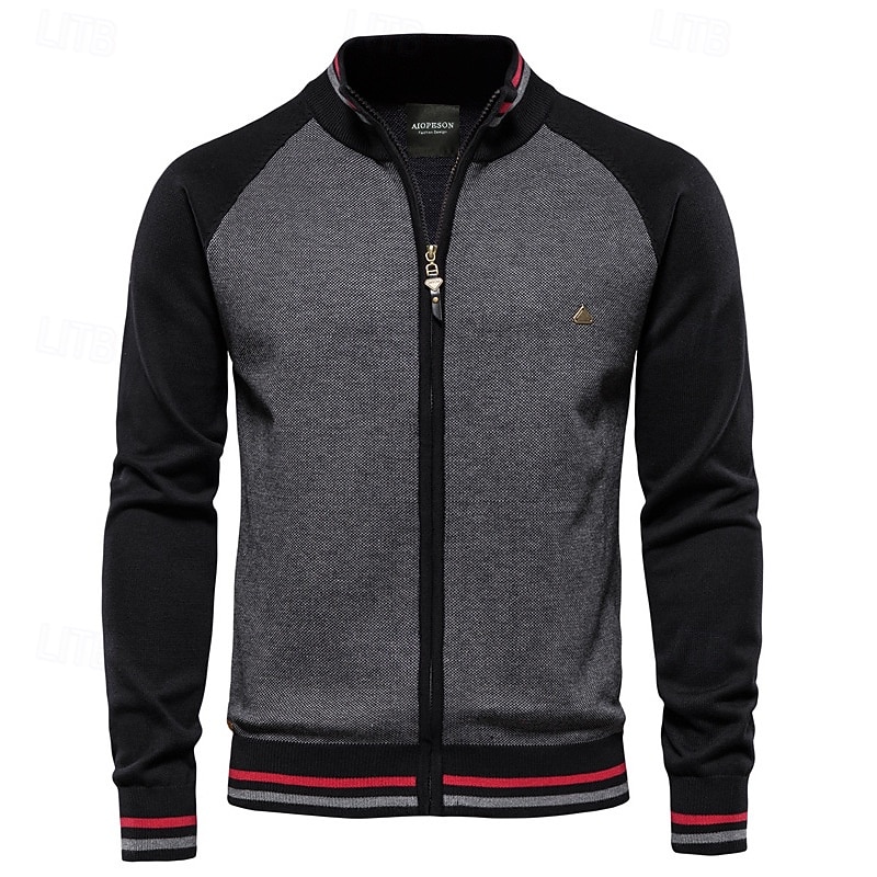 Men's Cardigan Sweater Cardigan Ribbed Knit Regular Tops Zipper Color Block Standing Collar Knitwear Neutral Outdoor Clothing Apparel Spring &  Fall Black Navy Blue S M L4