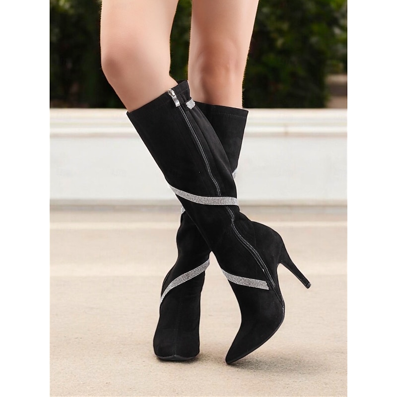 Women's Black Suede Knee-High Stiletto Boots with Rhinestone Wrap – Elegant High Heel Boots for Evening Events and Parties