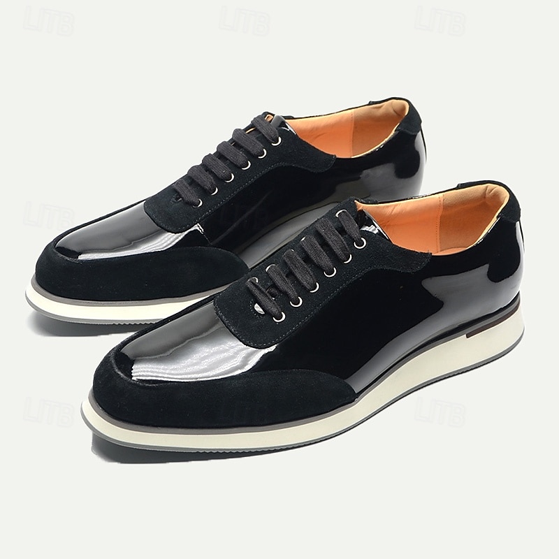 Men's Black Lace-Up Shoes in Patent Leather and Suede with White Sole – Premium Cowhide Dress Shoes for Stylish Casual and Formal Wear3