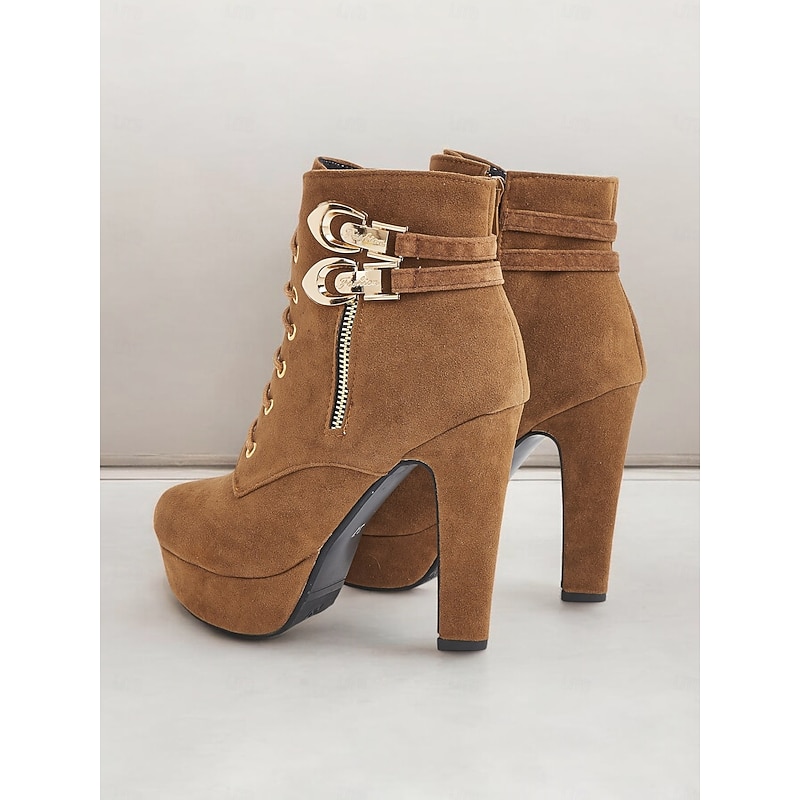 Women's Brown Suede Ankle Boots - Lace-Up Design with Gold Buckle and Zipper Details, Platform High Heel Shoes for Stylish Casual and Party Looks3